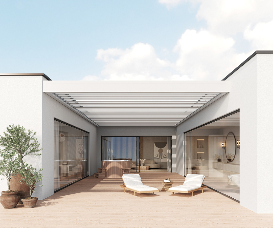 Terrassenüberdachung mit Lamellen ist eine stilvolle Erweiterung Ihres Hauses.